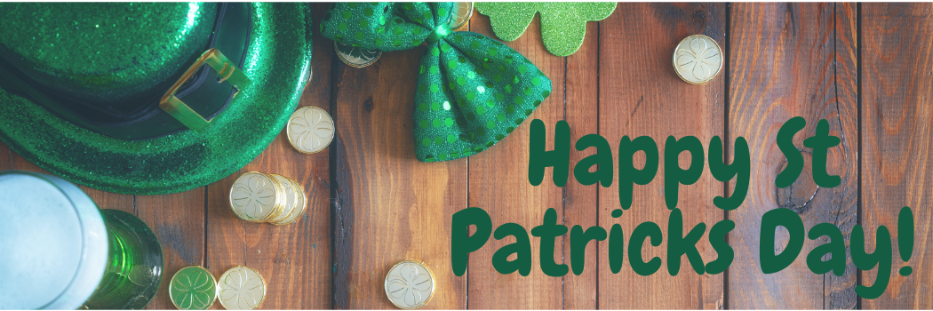 Banner to Celebrate St Patricks Day featuring a Leprechaun Hat, Clovers, Gold and Beer