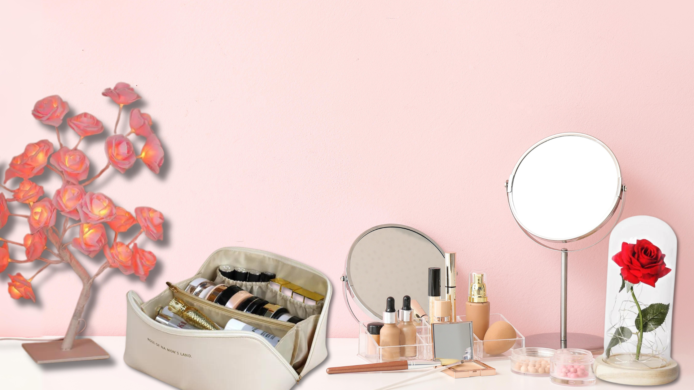 A Pink make up desk with DECASSA products