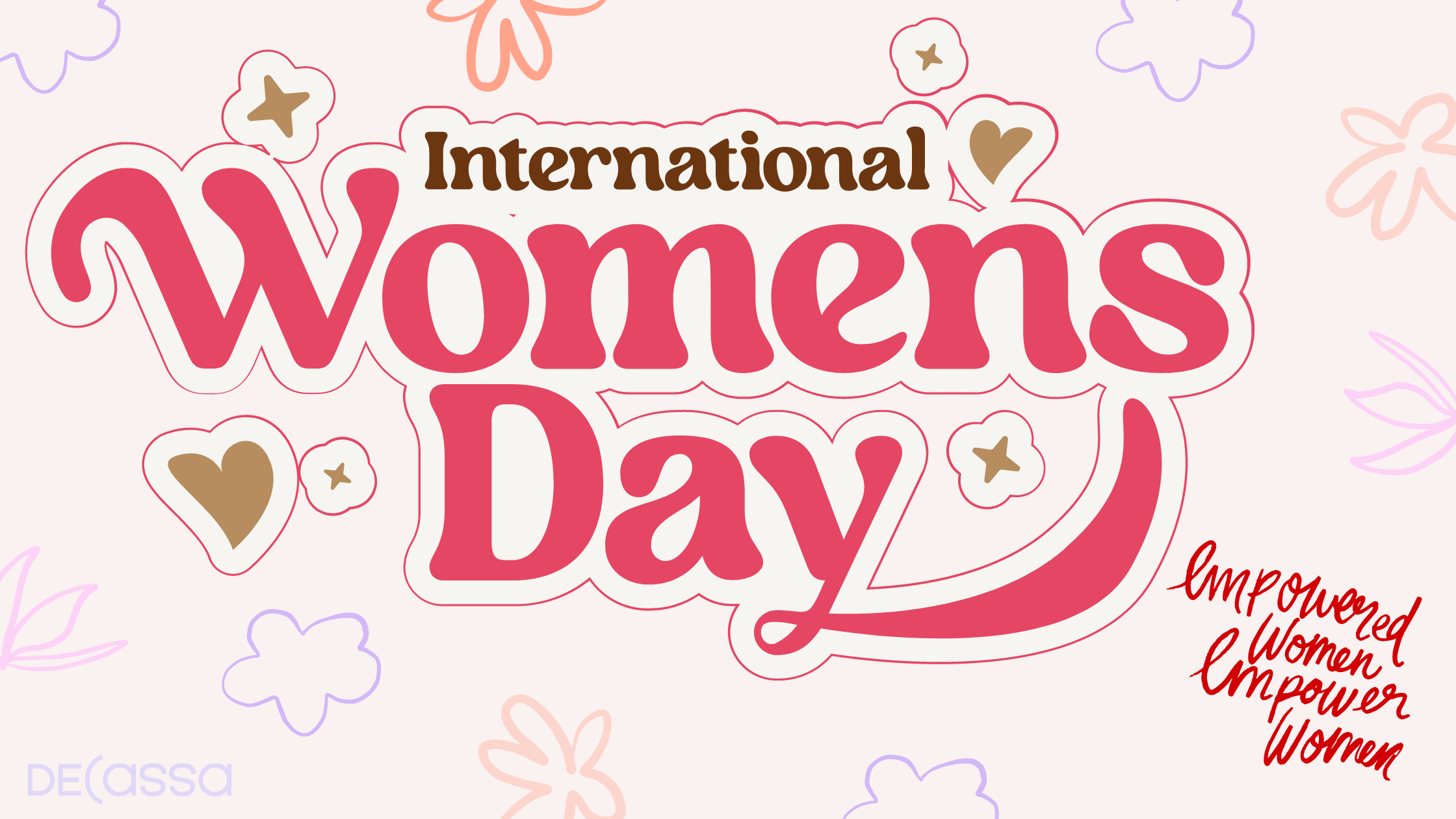 A sign with Internationals Women's day with soft pink and purple accents surrounding it.