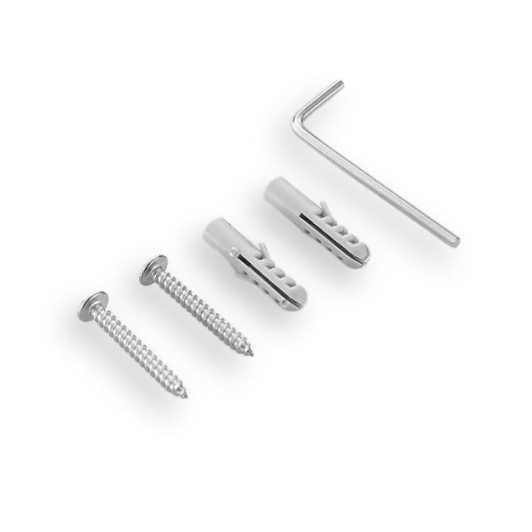 Installation screws and hex key for toilet brush holder.