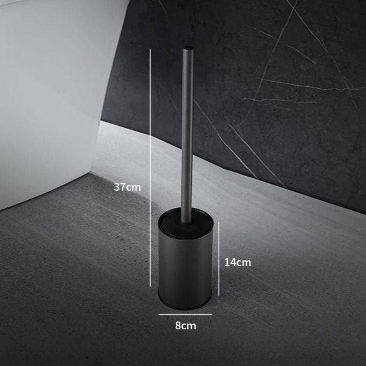 Black toilet brush holder with brush measurements shown.