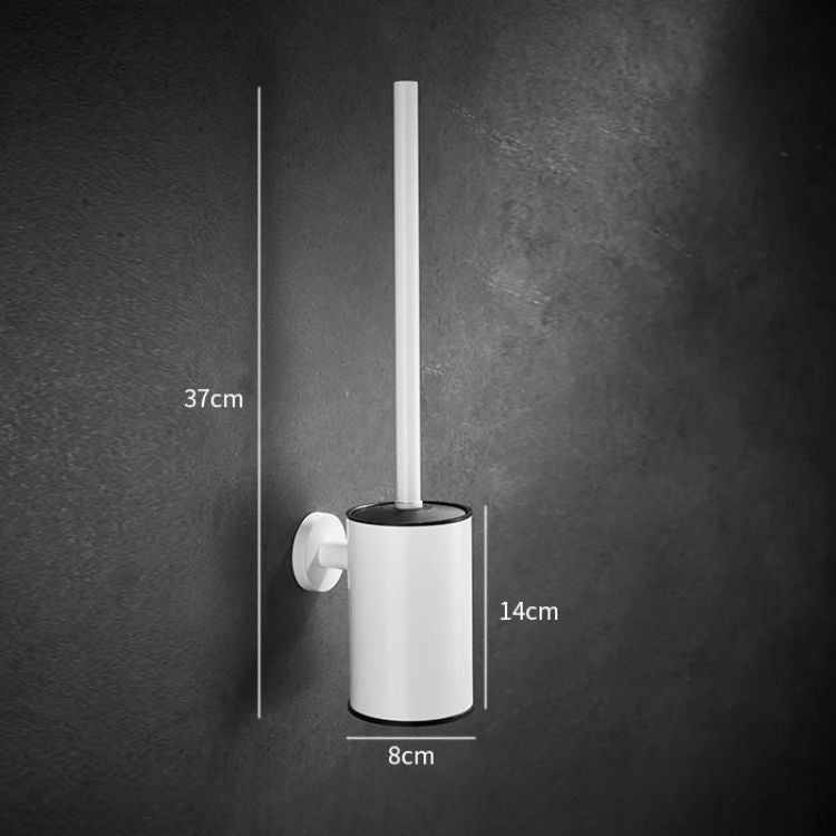 Wall-mounted white toilet brush holder with height dimensions.