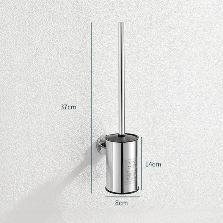 Silver wall-mounted toilet brush holder with height labels.