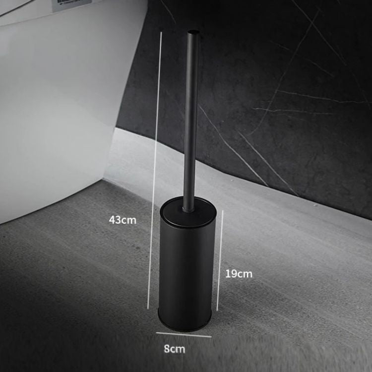 Matte black toilet brush holder beside toilet with labeled height.