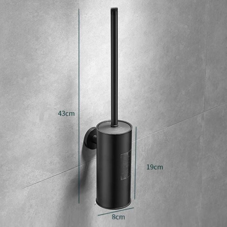 Black wall-mounted toilet brush holder with slim handle, displayed on a gray tiled wall.