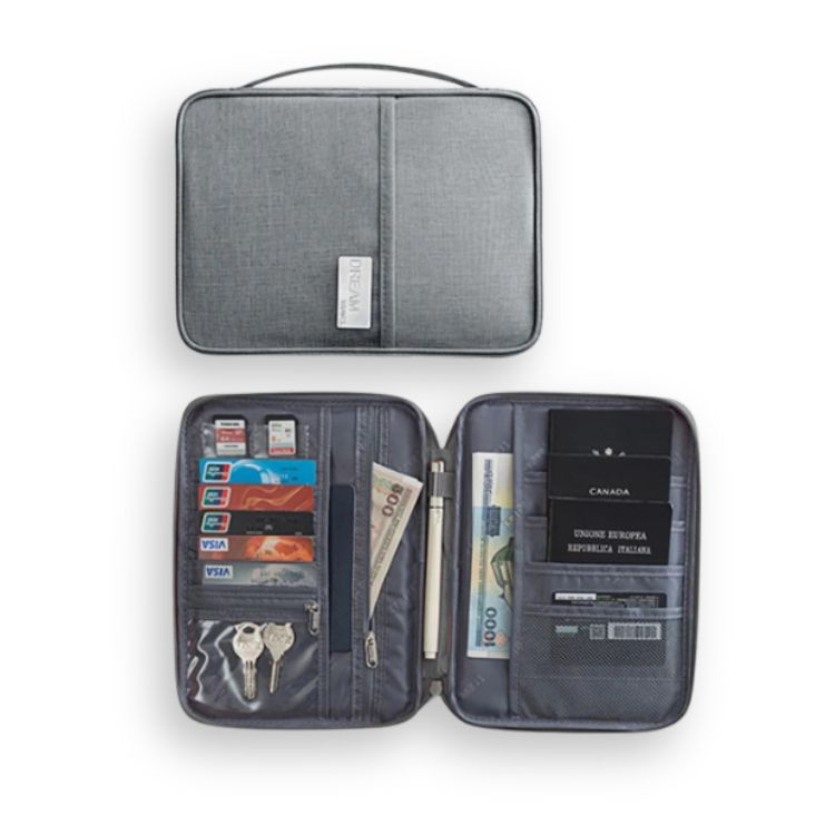 Grey travel wallet, closed with handle, and open showing compartments.