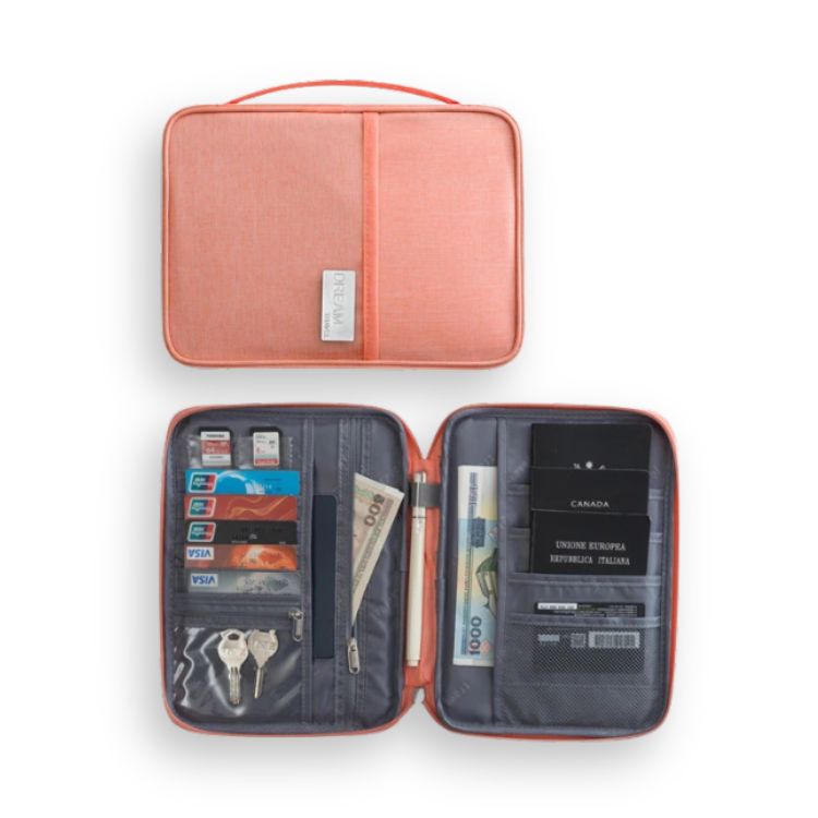 Orange-pink travel wallet, closed with handle, and open showing compartments.