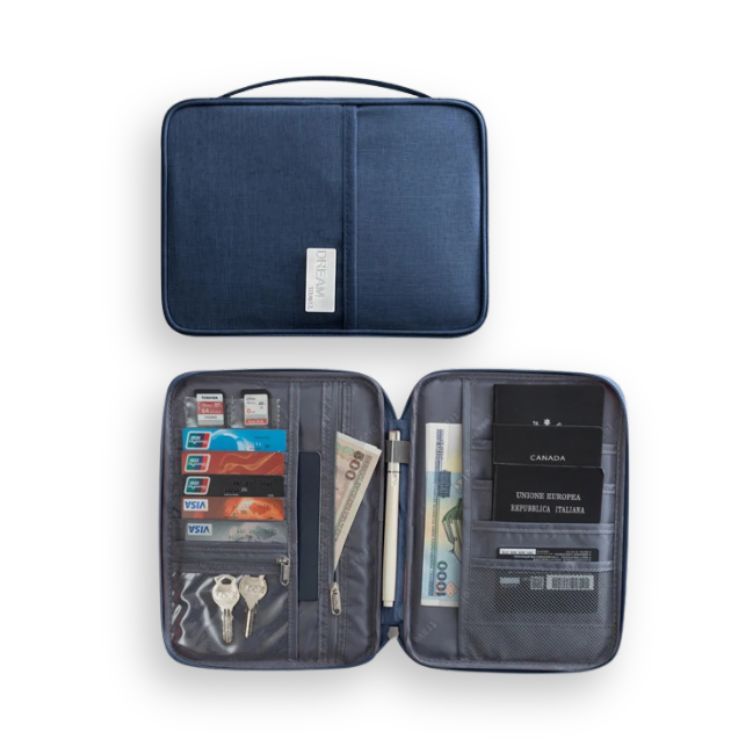 Blue travel wallet, closed with handle, and open showing compartments.