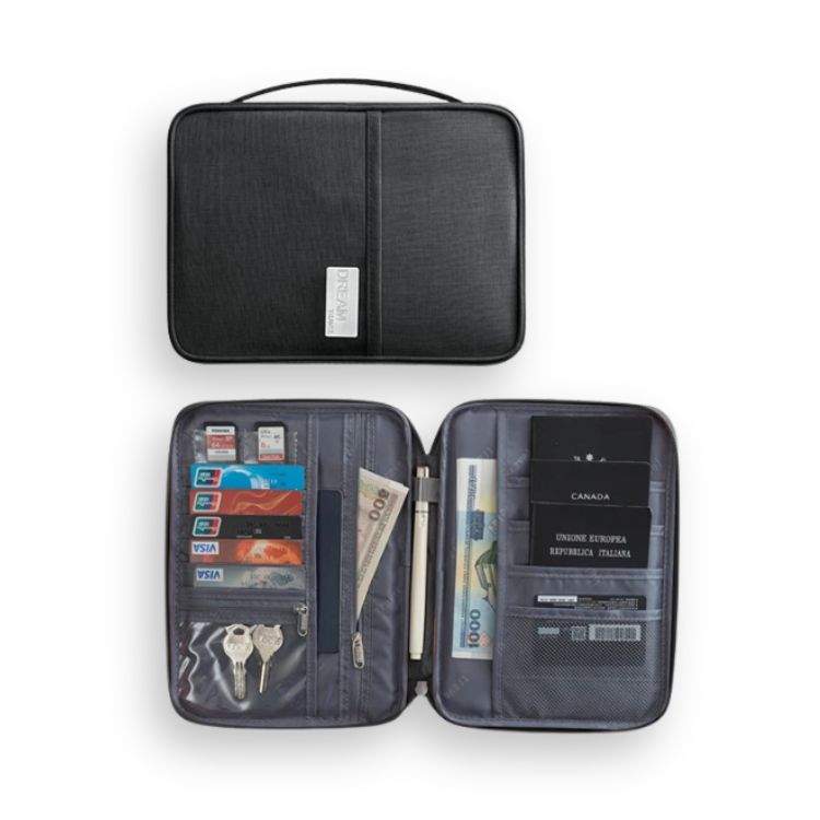 Black travel wallet, closed with handle, and open showing compartments.