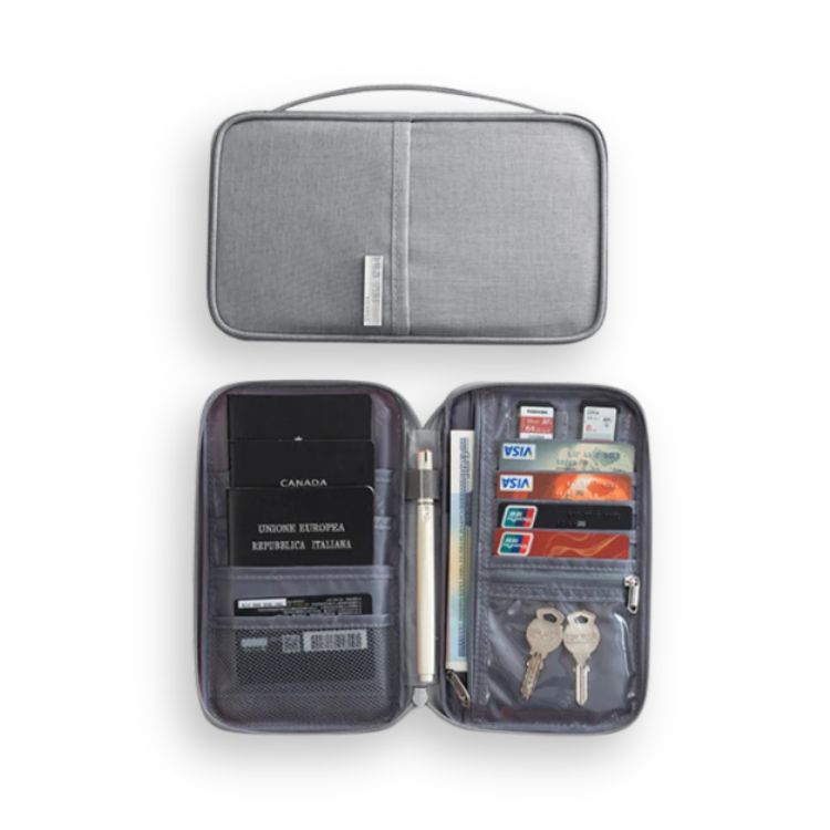 Grey travel wallet, closed, and open showing compartments for essentials.