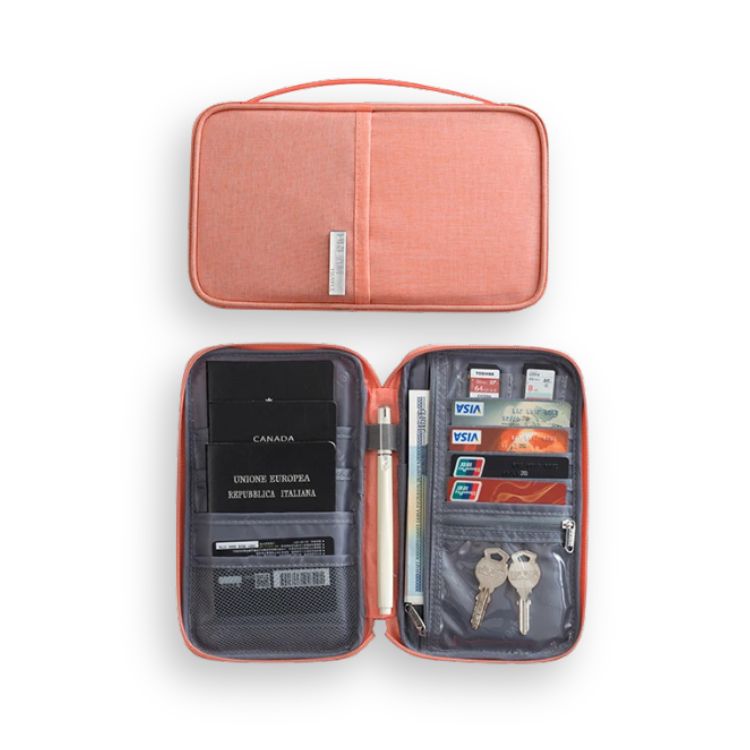 Orange travel wallet, closed, and open showing compartments for essentials.