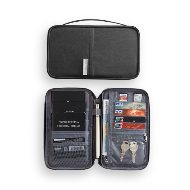 Black travel wallet, closed, and open showing compartments for essentials.