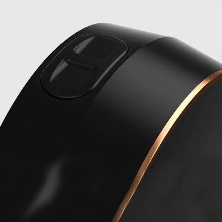 A black smart soap dispenser with a digital display, showing its top buttons.