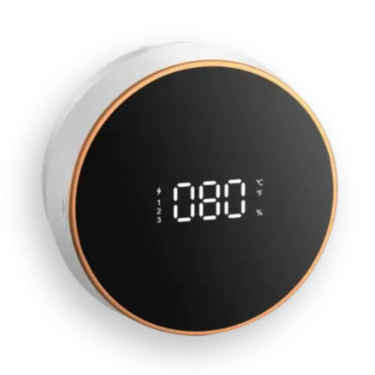 A white smart soap dispenser with a rose gold trim and digital display on a white background.