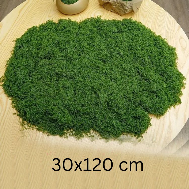 Fake moss spread on a wooden surface, measuring 30x120 cm for home or garden decoration.