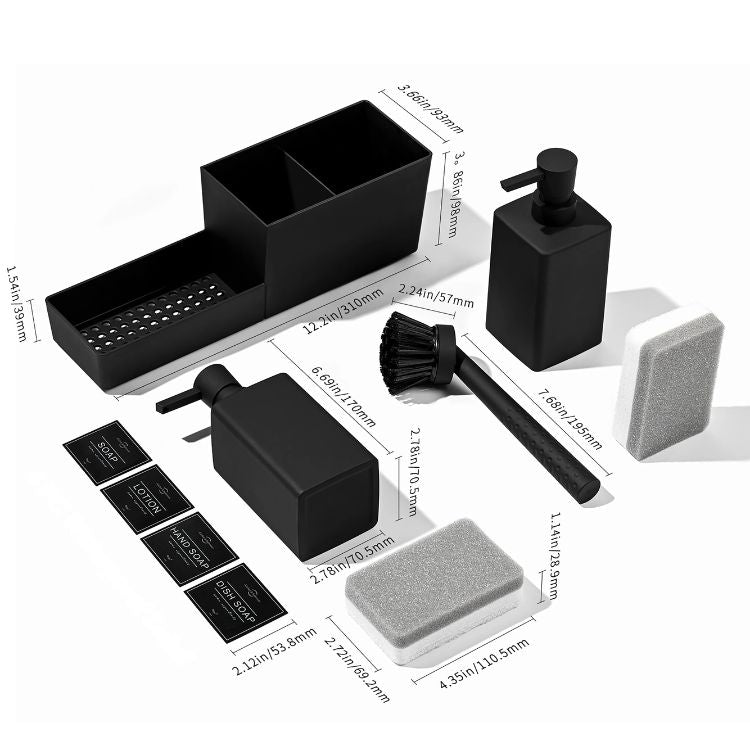 Black kitchen soap dispenser set laid out with dimensions and detachable components.