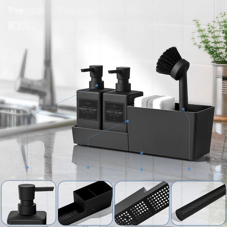 Modular black kitchen soap dispenser with labeled parts and accessories shown below.