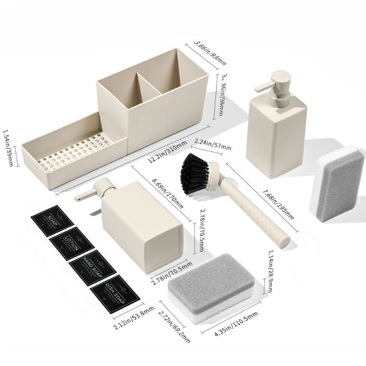 Beige kitchen soap dispenser with accessories including sponge, brush, and containers.