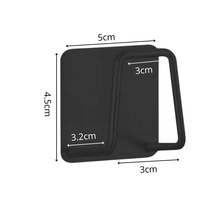 Black sink sponge rack with detailed measurements displayed on a white background.