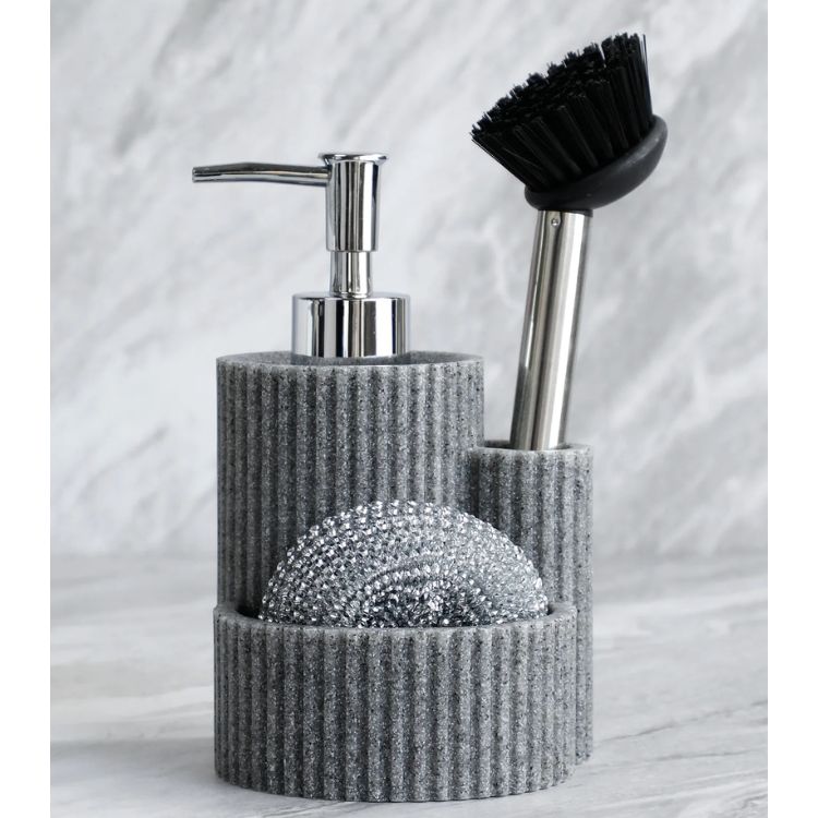 Grey kitchen detergent dispenser with ribbed design, featuring scrubber and brush storage.