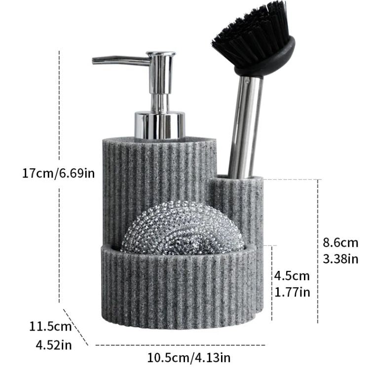 Gray ribbed kitchen detergent dispenser set with dimensions, including dish brush and metal scrubber.
