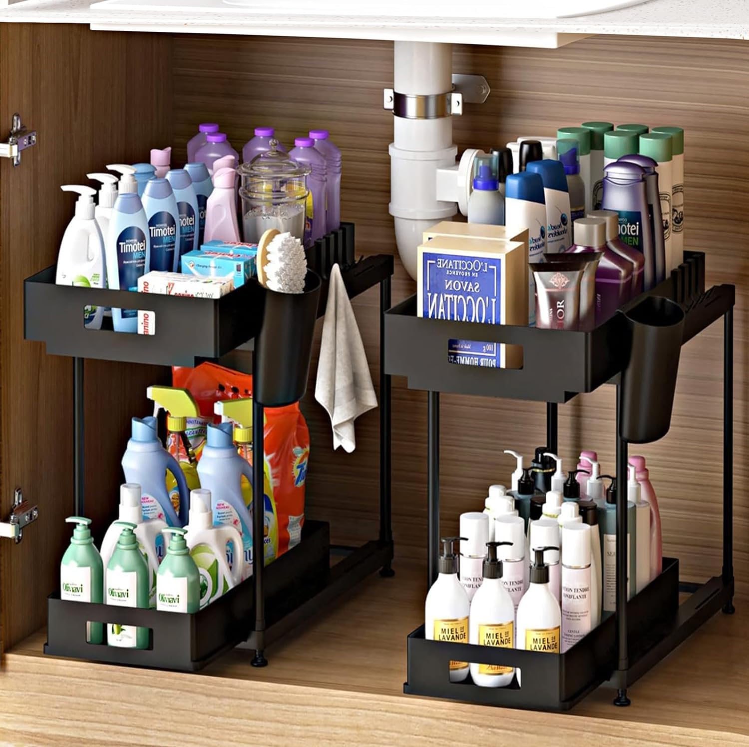 Shelf Organiser with Hooks and Sliding Tray Two Tier