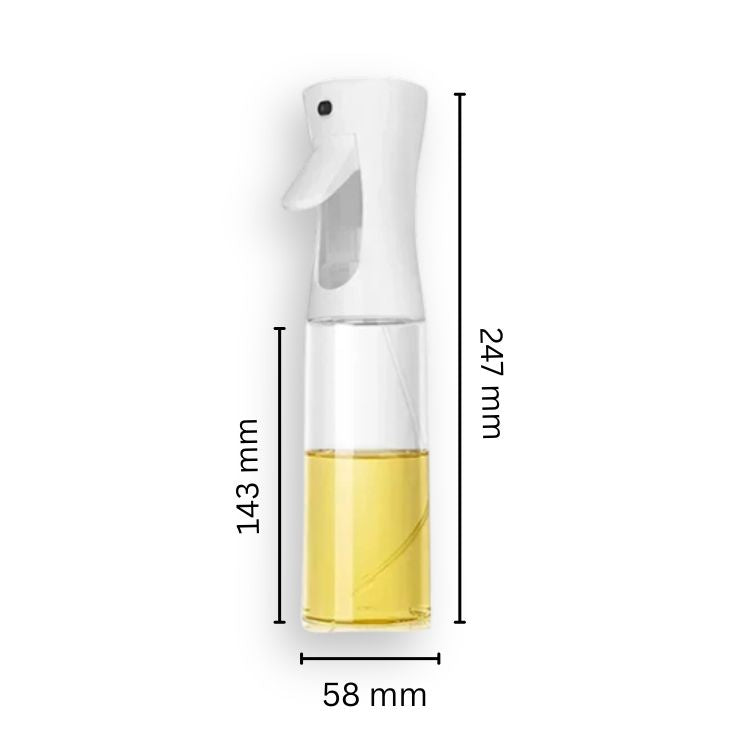 White oil sprayer bottle with measurement labels, filled with yellow cooking oil.