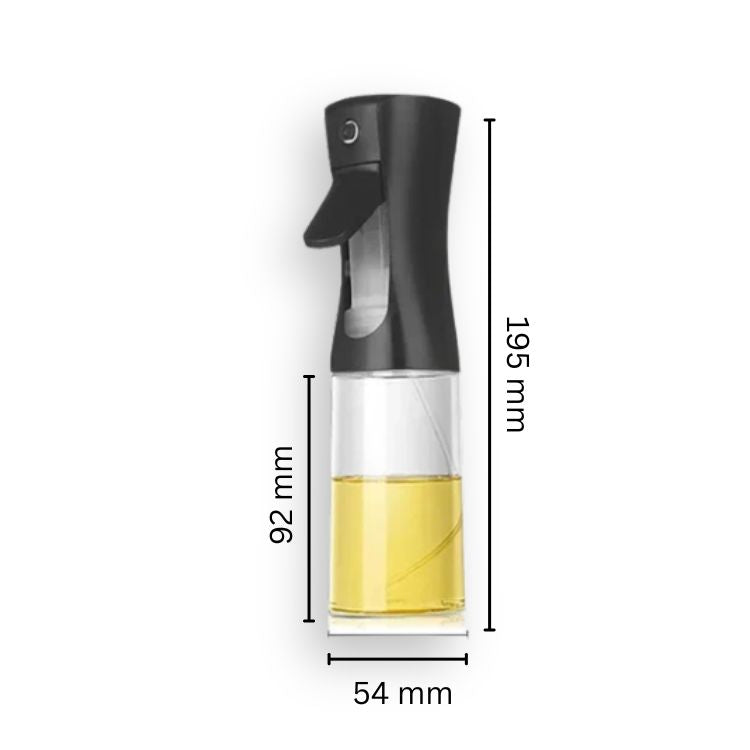 Black oil sprayer bottle with size specifications shown on white background.