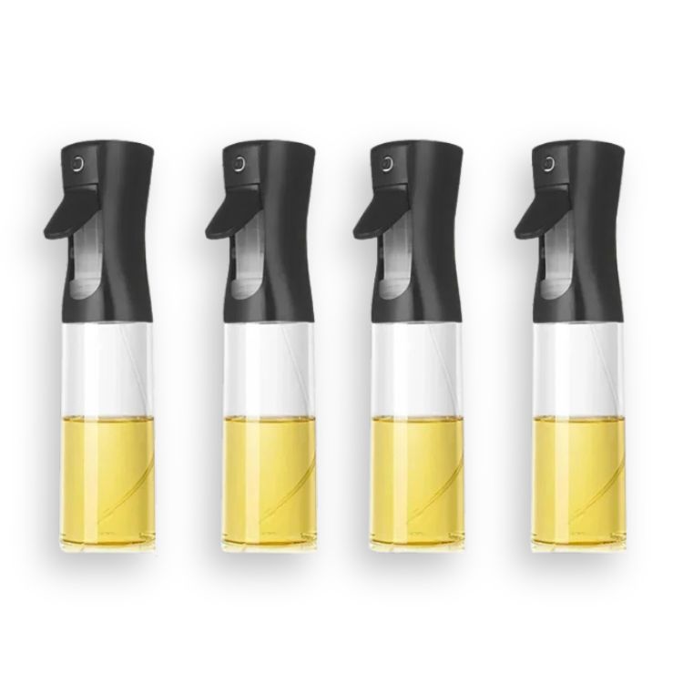 Set of four identical black oil sprayer bottles aligned in a row.