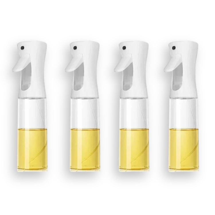 Set of four identical white oil sprayer bottles filled with oil.