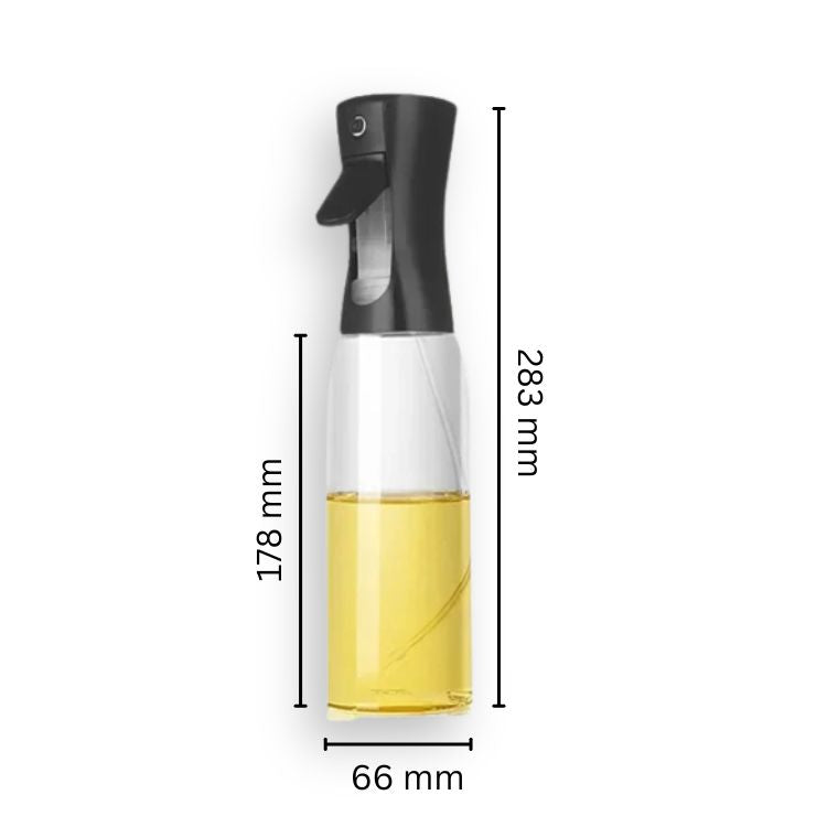 Tall black oil sprayer bottle displayed with labeled size dimensions.