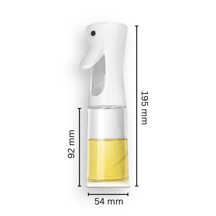 Compact white oil sprayer bottle with labeled height and diameter dimensions.