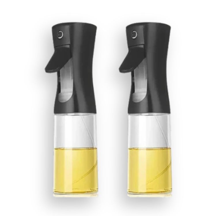 Pair of black oil sprayer bottles with clear base, filled with yellow oil.