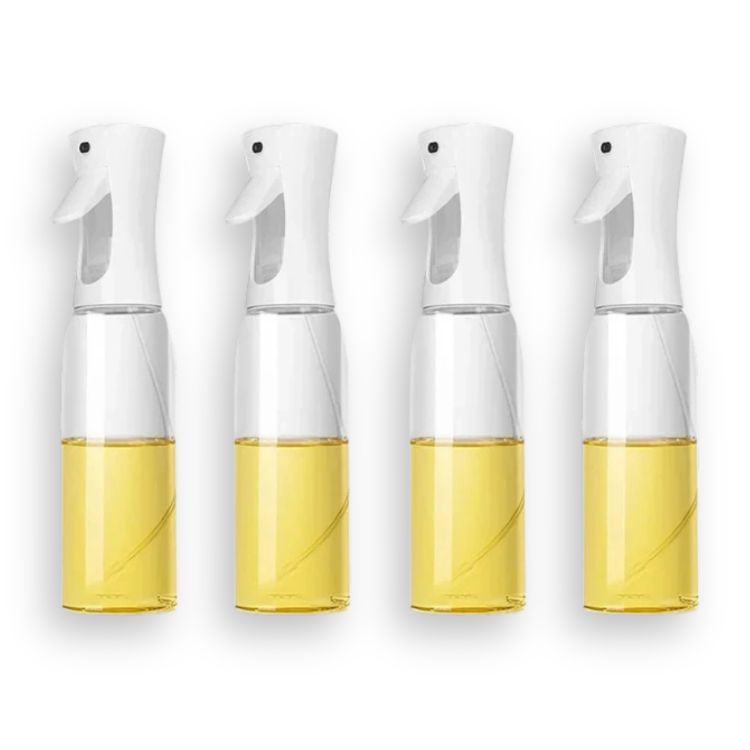 Set of four white oil sprayer bottles aligned side by side.