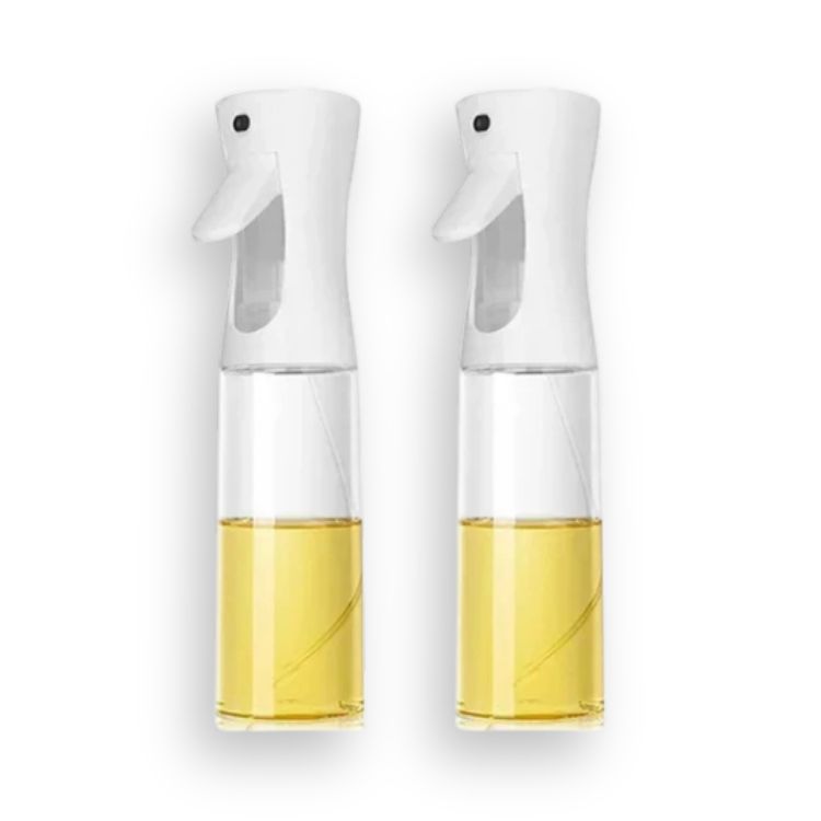 Two white oil sprayer bottles with clear bodies and yellow oil inside.