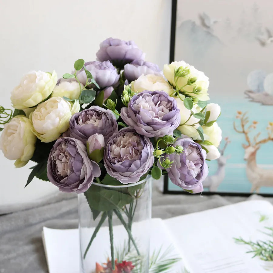 Artificial Peony Stem with Foliage