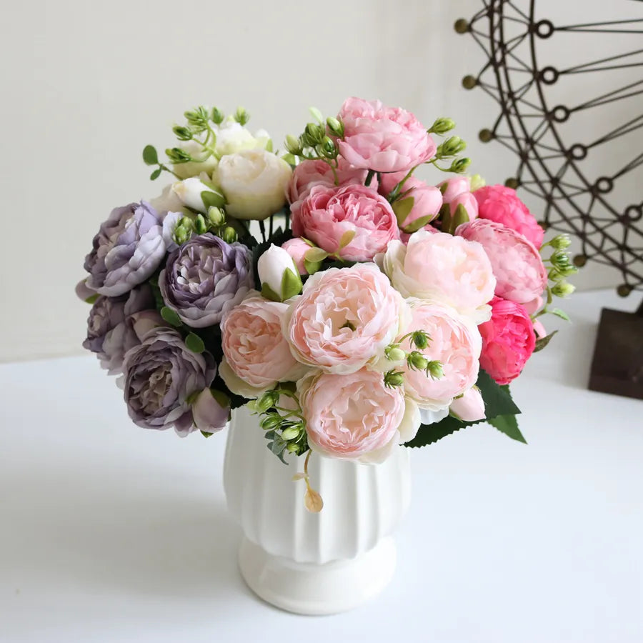 Artificial Peony Stem with Foliage
