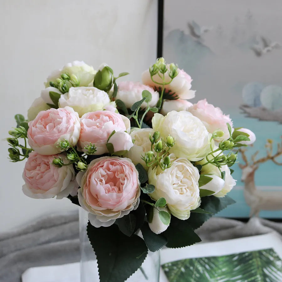 Artificial Peony Stem with Foliage
