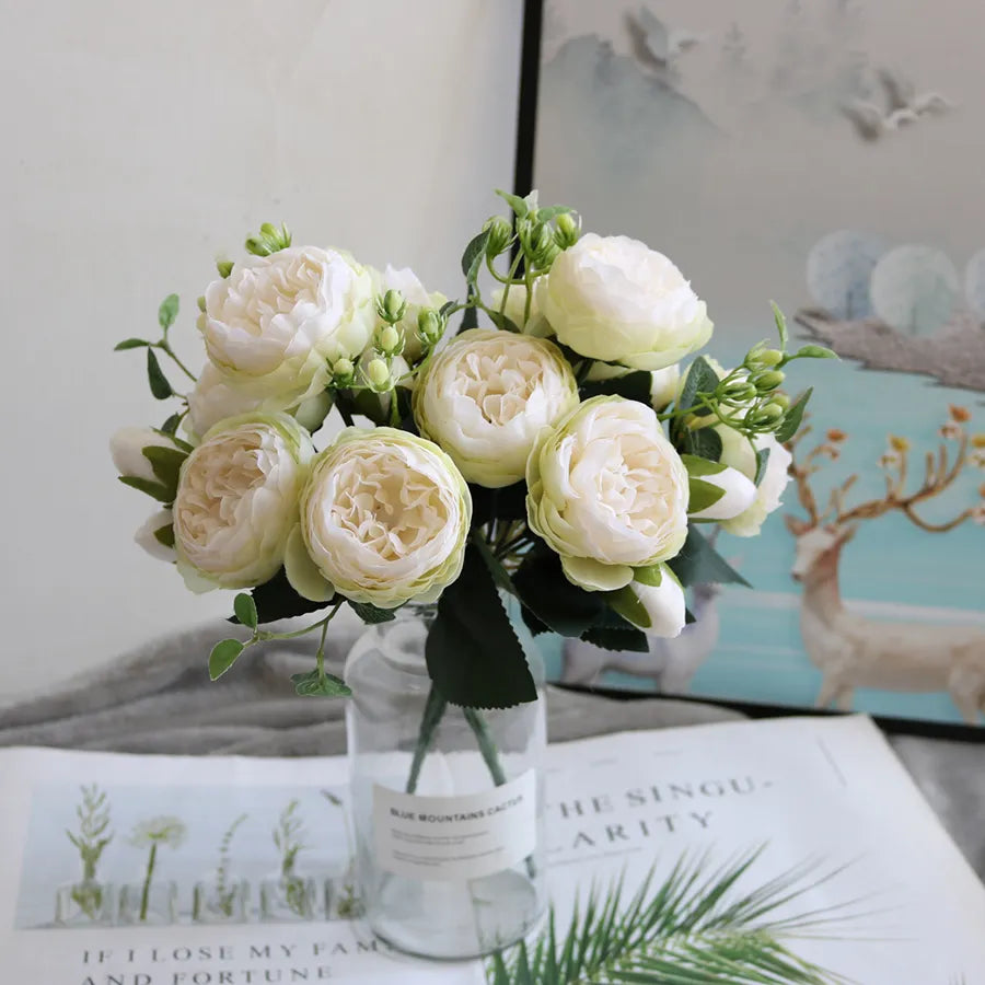 Artificial Peony Stem with Foliage