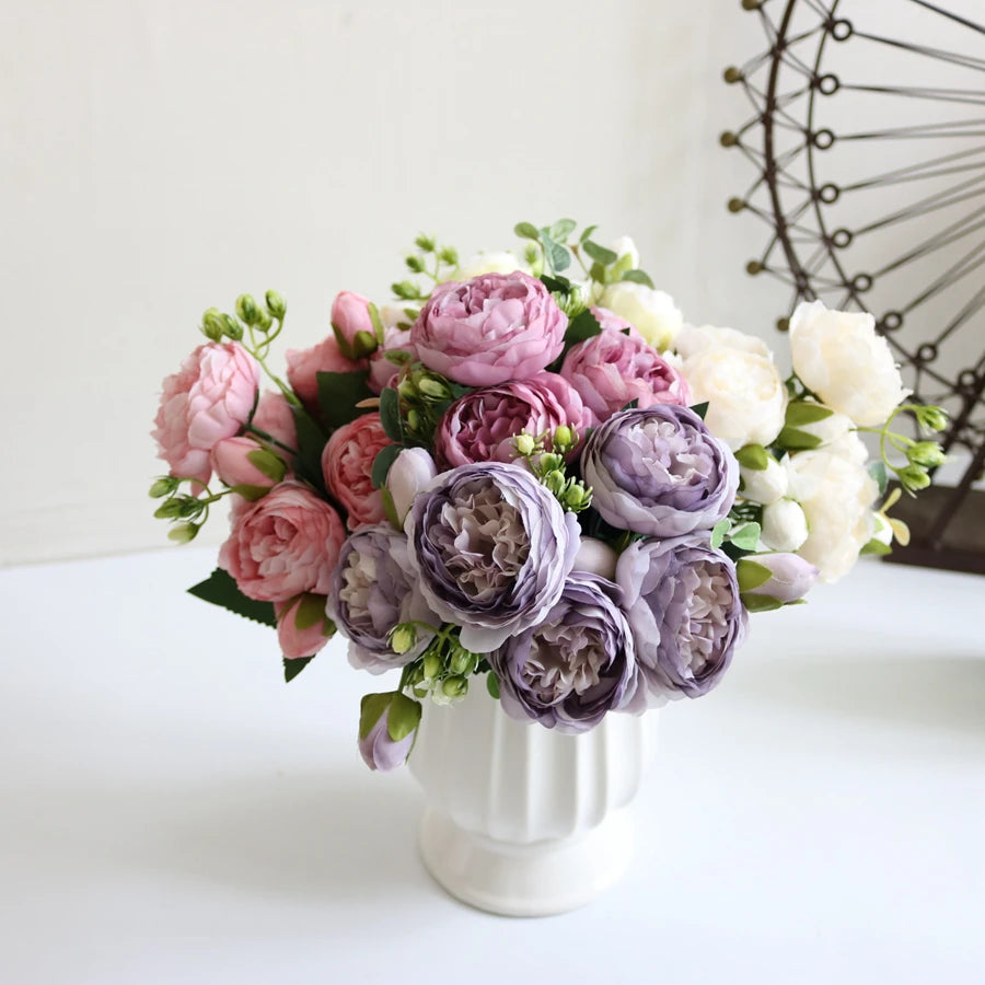 Artificial Peony Stem with Foliage