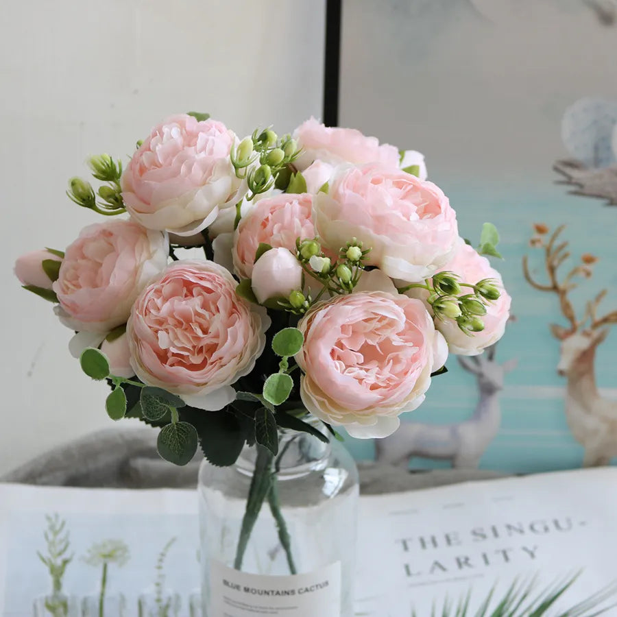 Artificial Peony Stem with Foliage