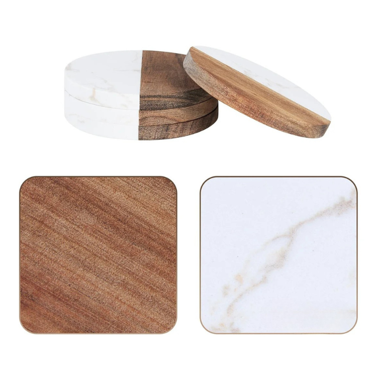 Close-up of coffee coaster material showing wood and white marble textures in square and round shapes.