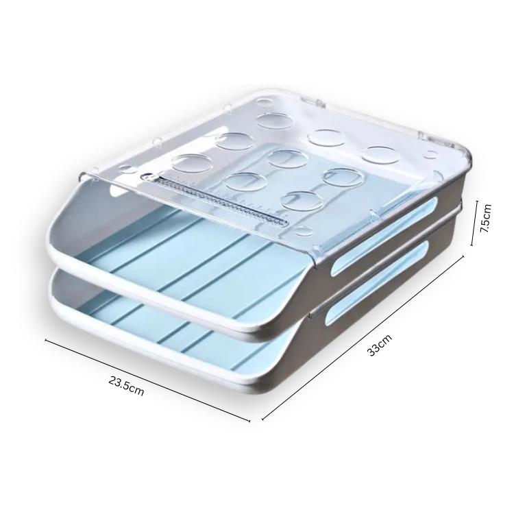 Blue-tinted egg holder for fridge with two layers and clear lid, shown with measurements.
