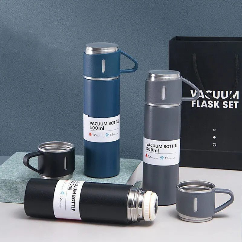 Travel Thermal Flask Set Insulated Water Bottle with Three Cups 500ml