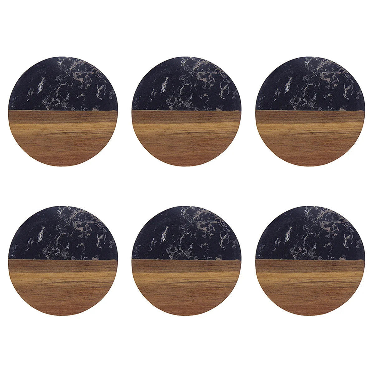 Set of six round coffee coasters with a dark marble and wood finish.