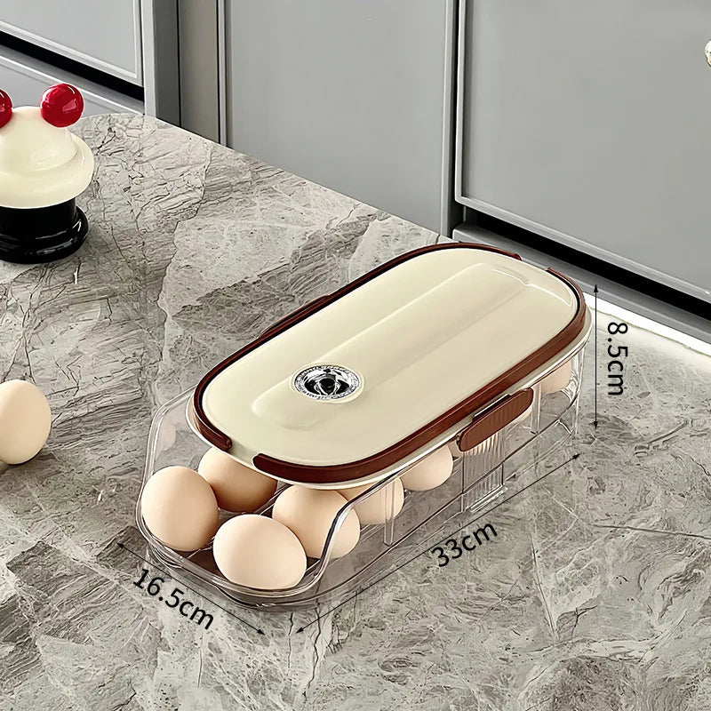 Compact egg rack for fridge shown with labeled width and length, storing eggs in a row.