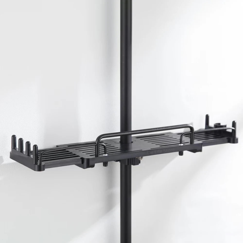Empty black shower shelf bathroom with hooks.