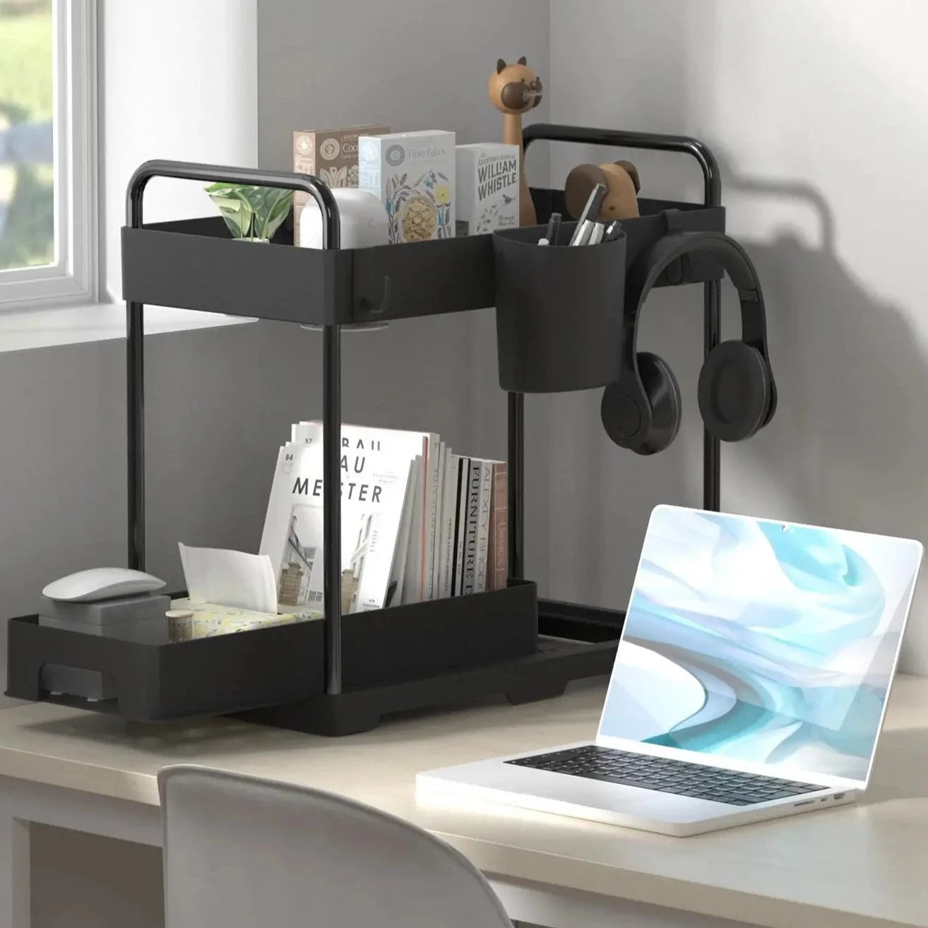 Shelf Organiser with Hooks and Sliding Tray Two Tier