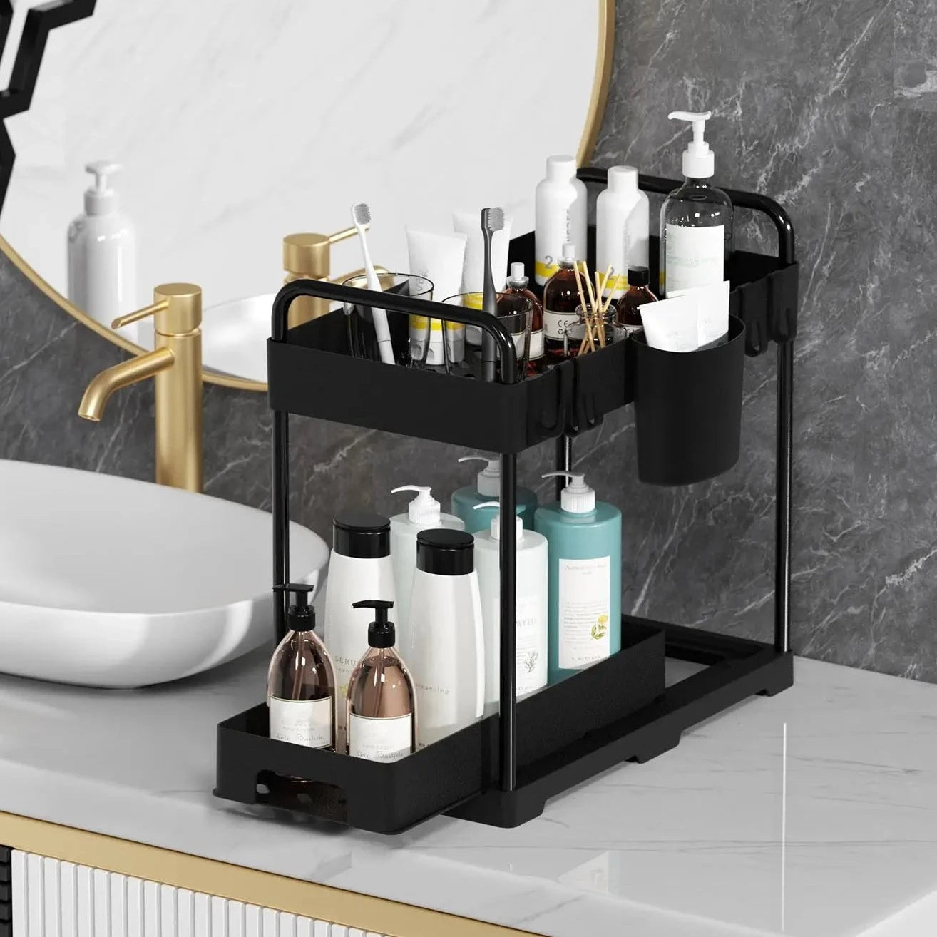 Shelf Organiser with Hooks and Sliding Tray Two Tier
