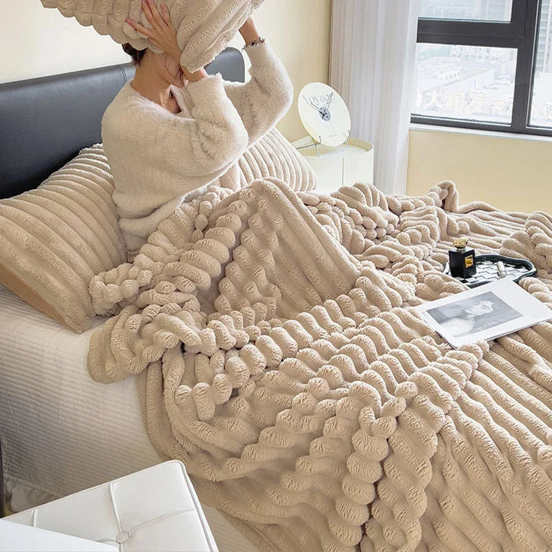 Faux Fur Ribbed Throw Soft Fleece Blanket